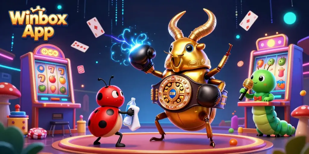 Engage with the Winbox App in a vibrant casino scene featuring colorful slot machines and dynamic characters.