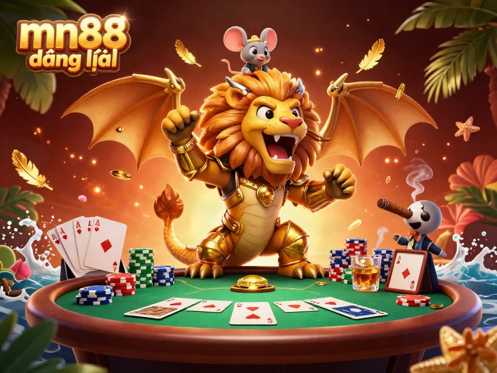 Experience the thrill of mn88 đăng nhập with a majestic chimera and gambling elements in a vibrant casino scene.