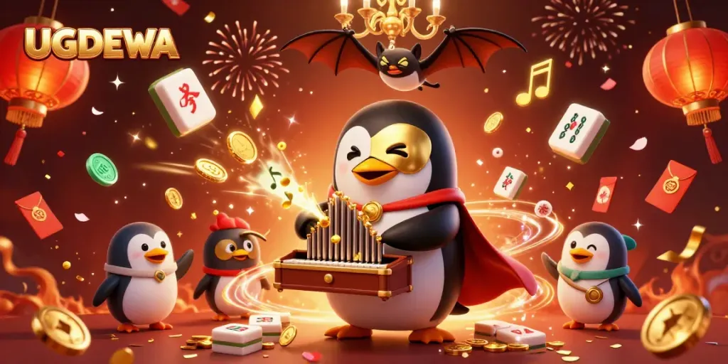 Experience the excitement at UGDEWA with vibrant gaming elements as the penguin plays for golden rewards.
