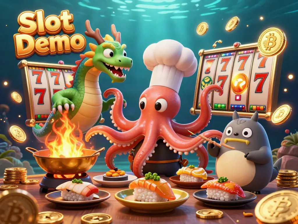 Spin the reels with Slot Demo in a vibrant 3D scene featuring a cartoon octopus chef and magical dragon.