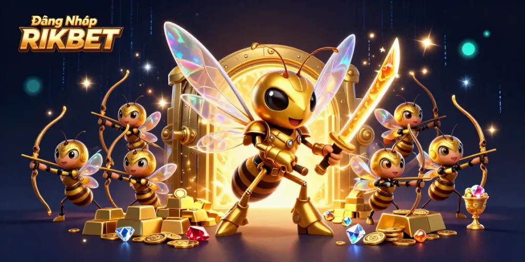 Engage in thrilling gaming with Đăng Nhập RIKBET, featuring a vibrant 3D cartoon illustration of a hive of activity.