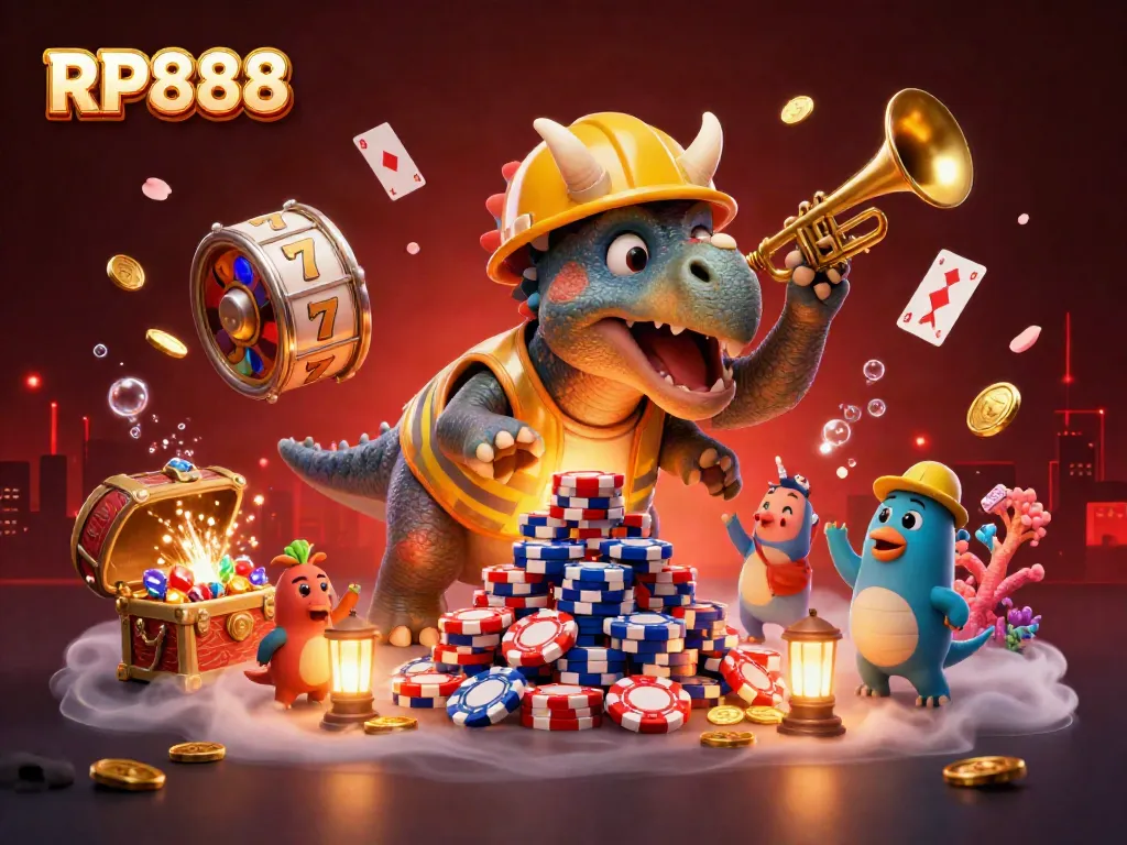 Experience the vibrant world of RP888 with a lively illustration featuring a triceratops, slot reels, and gold coins.