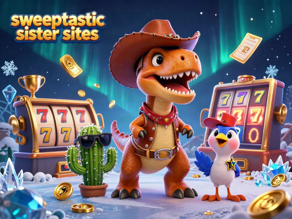 Sweeptastic sister sites showcased with dynamic 3D characters and slot elements in a vibrant casino scene
