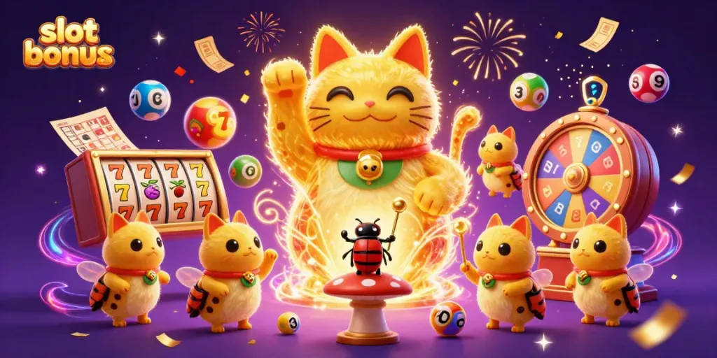 Experience the excitement of a slot bonus as vibrant golden fireflies create a lucky cat amidst colorful casino elements.