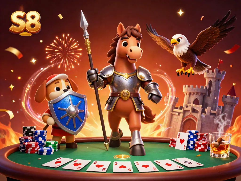 Experience high-stakes poker action in S8's vibrant casino scene with knights and chips.