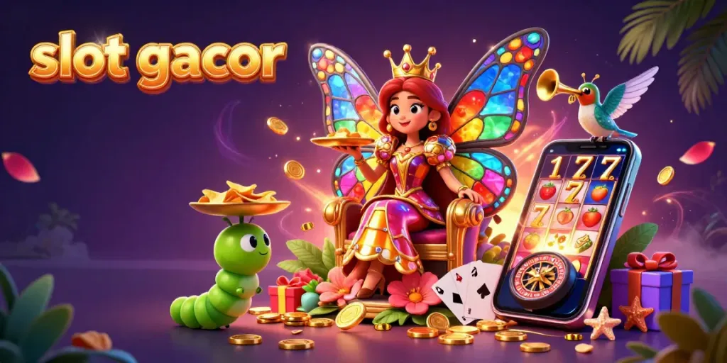Engage with slot gacor winning opportunities featuring a colorful 3D scene of a butterfly queen in a vibrant casino setting.