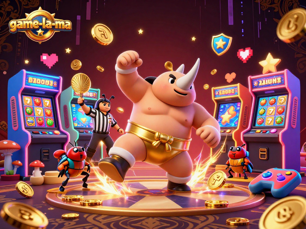Experience exciting gameplay with game-la-ma's vibrant casino scene featuring a dynamic sumo champion.