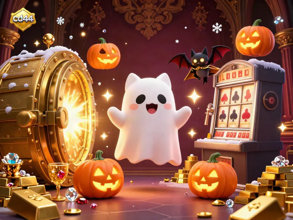 Experience cd44 with a whimsical ghost cat and bat in a haunted casino, surrounded by sparkling treasures.