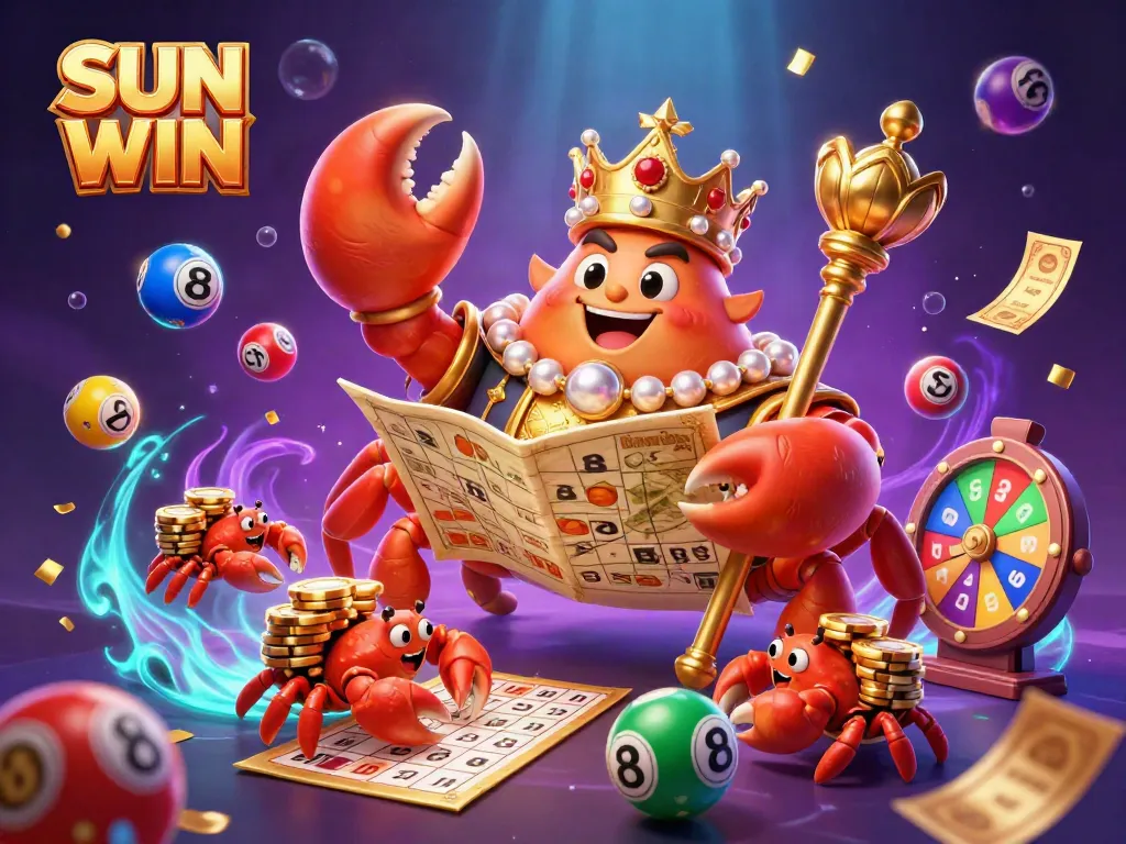 Experience SUN WIN's thrilling atmosphere with a golden crab emperor and exciting casino games.