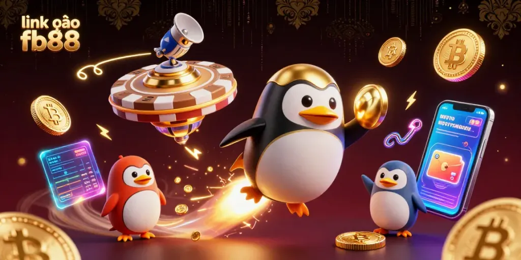 Join the excitement with link vào fb88; a golden penguin and crypto elements thrillingly collide in space.