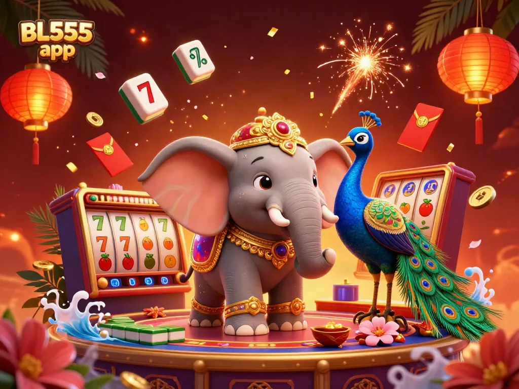 Engage with the vibrant BL555 app through this immersive 3D casino scene featuring festive elements.