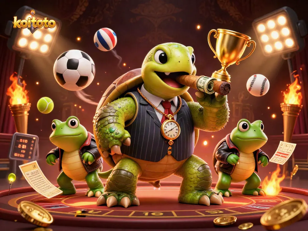 Koitoto invites players to engage in thrilling casino sports betting with a dynamic scene featuring an animated turtle and frog enforcers.