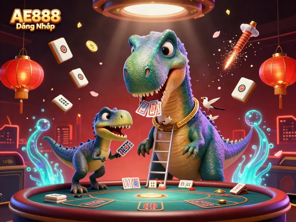 Engage in the vibrant world of casinos with AE888 Đăng Nhập featuring a brontosaurus and raptor in a lively poker setting.