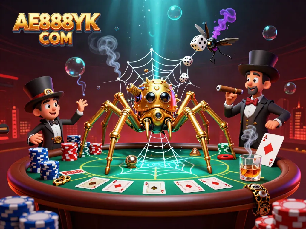 Engage with AE888YK COM's thrilling steampunk casino world filled with golden chains and poker chips.