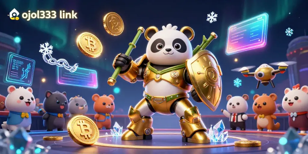 Engage with ojol333 link through this stunning illustration of a golden panda robot piloting a fighting robot in a vibrant casino arena.