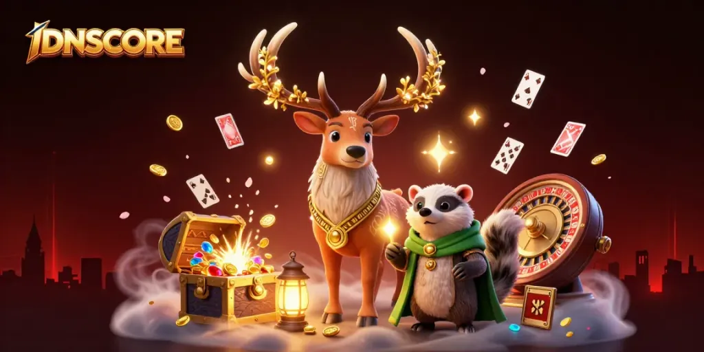 IDNSCORE showcases thrilling online gaming with dynamic characters among floating cards and a roulette wheel.