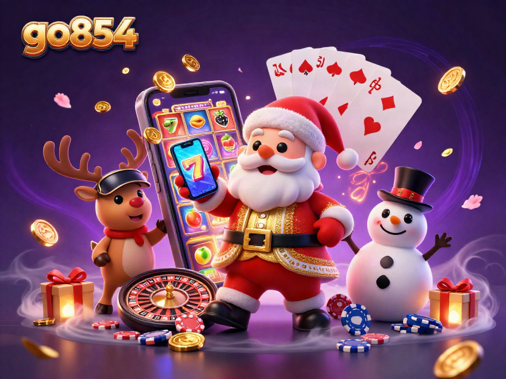 Play jackpot slots with go854 while festive characters spread holiday cheer in a bright casino scene.