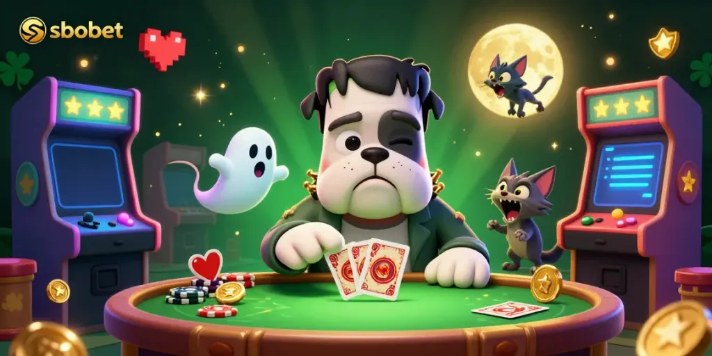 Sbobet betting scene featuring a Frankenstein bulldog dealer and vibrant casino elements