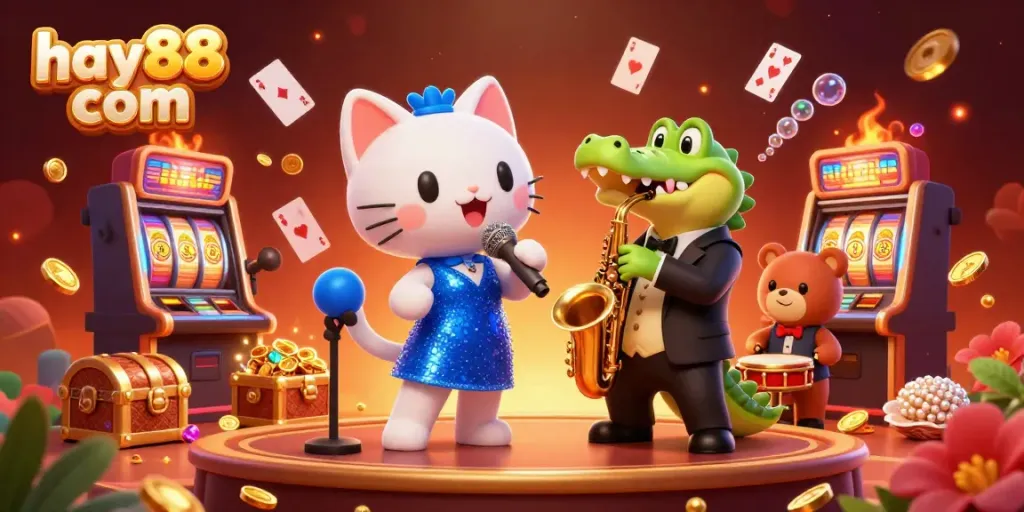 Experience the excitement at hay88 com with a lively casino scene featuring a jazzy cat, crocodile, and bear.