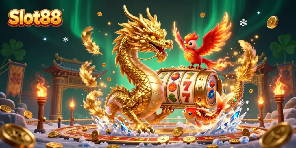 Experience thrilling Slot88 action with a golden dragon, phoenix, and koi fish in an immersive casino scene.