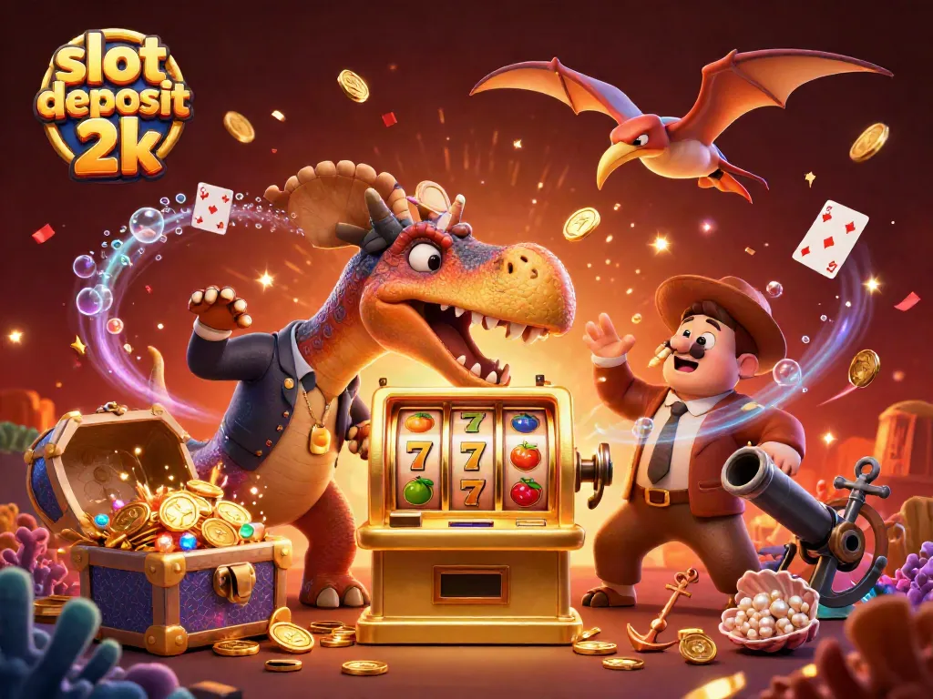 Engage with slot deposit 2k: cartoon dinosaurs celebrating a jackpot from a golden slot machine