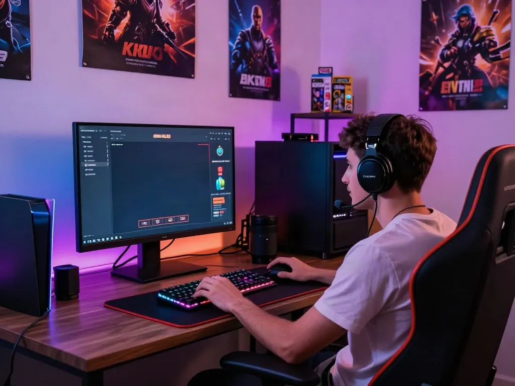 Gamer engaged in akunjp online gaming, showcasing a vibrant setup with LED lights and accessories.